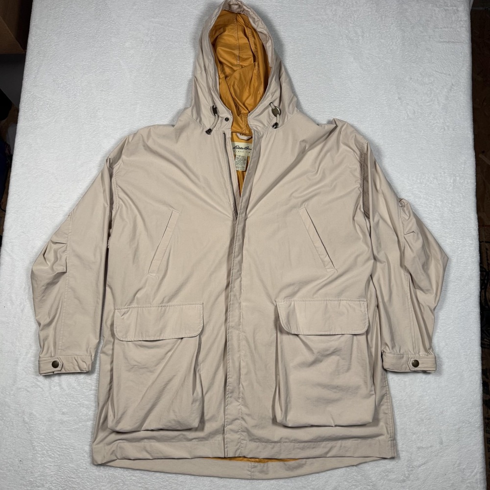 Eddie Bauer Jacket Mens Large Beige Hooded Nylon PU Laminated Parka Outdoor Coat - Picture 2 of 14